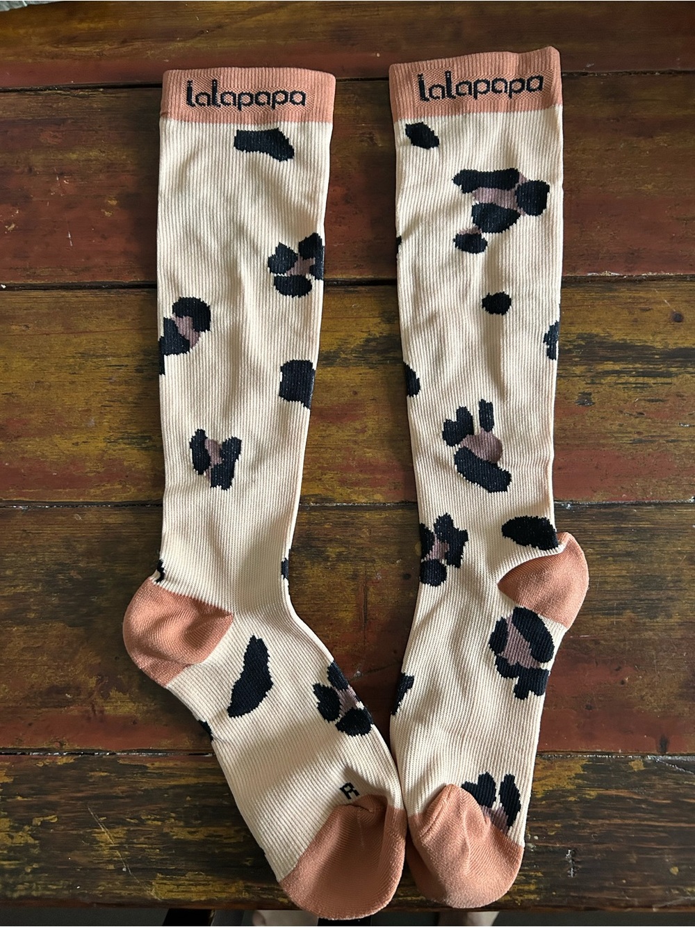 Lalapapa Cream Leopard Knee-High Socks with Tan Accents